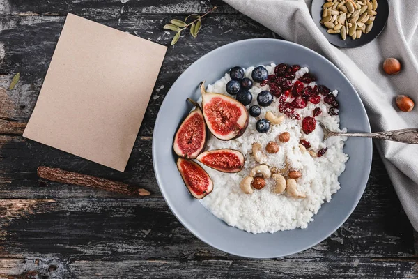 Rice Coconut Porridge Figs Berries Nuts Dried Apricots Sheet Paper — Stock Photo, Image