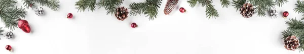 Creative Frame Made Christmas Fir Branches White Background Red Decoration — Stock Photo, Image