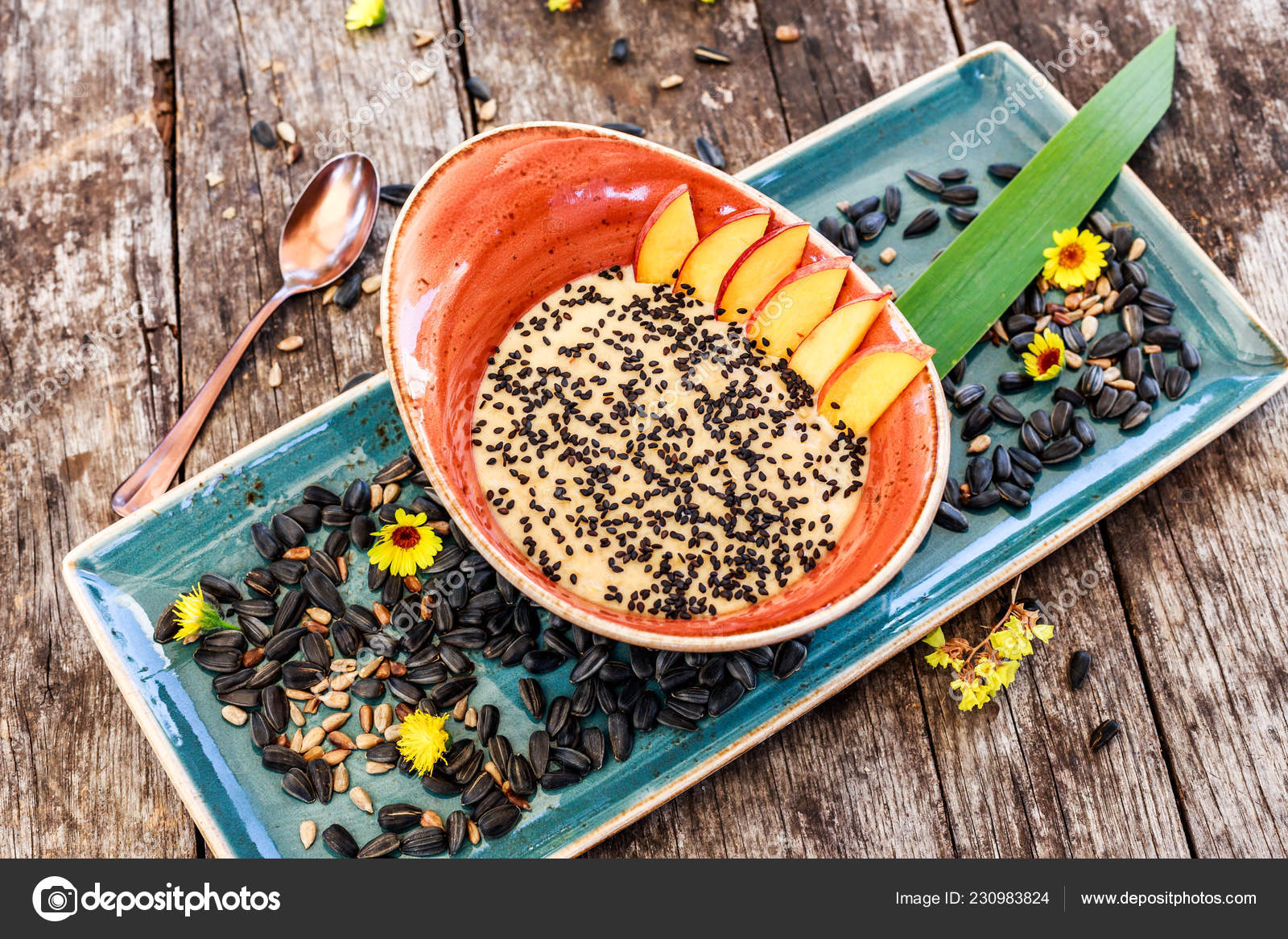 Oatmeal Porridge Sunflower Seeds Sesame Peaches Bright Wooden Table