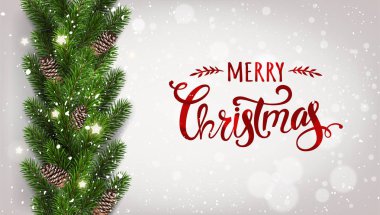 Neşeli Noel tipografik ağaç dalları çelenk beyaz zemin üzerine dekore yıldız, ışıklar, kar taneleri ile. Noel ve yeni yıl tema. Vektör çizim