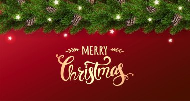 Noel ağacı dalları, çelenk kırmızı zemin üzerine altın Merry Christmas metin yıldız. Noel ve yeni yıl kartı. Vektör çizim