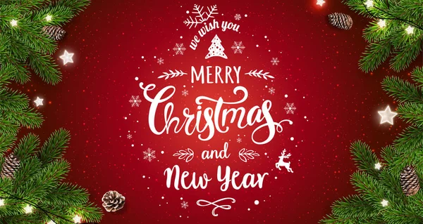メリー クリスマス誤植赤の背景に木の枝 ギフト ボックス マツ円錐形に クリスマスと新年のテーマです ベクトル図 — ストックベクタ