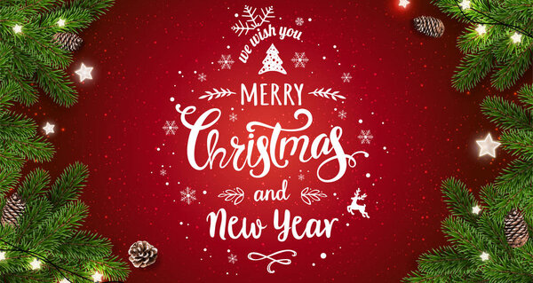 Feliz Navidad Tipográfica Sobre Fondo Rojo Con Ramas Árbol Bayas — Vector de stock