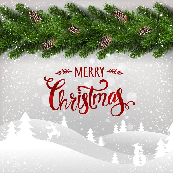 メリー クリスマス クリスマス ツリーの枝 冬景色 ガーランドで白い背景に誤植の星します クリスマス カード ベクトル図 — ストックベクタ