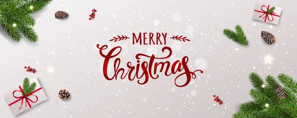 Веселий Різдвяний Типограф Білому Тлі Гілками Дерев Ягодами Подарунковими Коробками — стоковий вектор