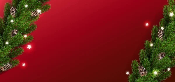 圣诞红色背景与圣诞树树枝 星星花环 圣诞节和新年贺卡 矢量插图 — 图库矢量图片