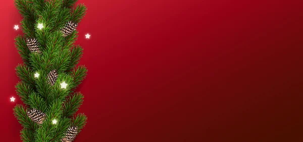 クリスマス ツリーの枝 星のガーランドとクリスマス赤背景 クリスマスと新年のカード ベクトル図 — ストックベクタ