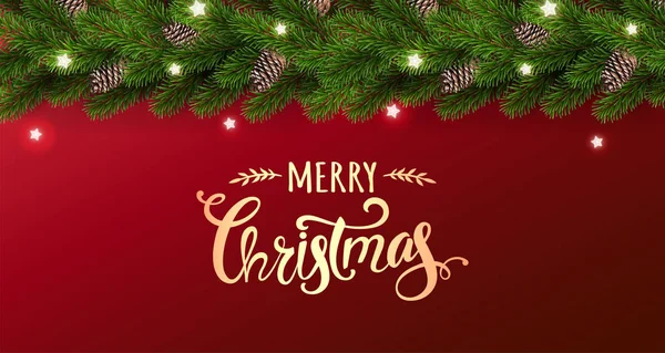 金色快乐圣诞文字在红色的背景与花环的圣诞树树枝 圣诞节和新年贺卡 矢量插图 — 图库矢量图片