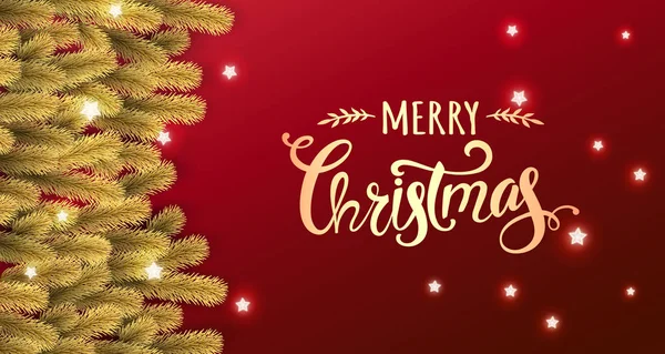 金色的圣诞快乐文本在红色的背景与金花环的圣诞树树枝 圣诞节和新年贺卡 矢量插图 — 图库矢量图片
