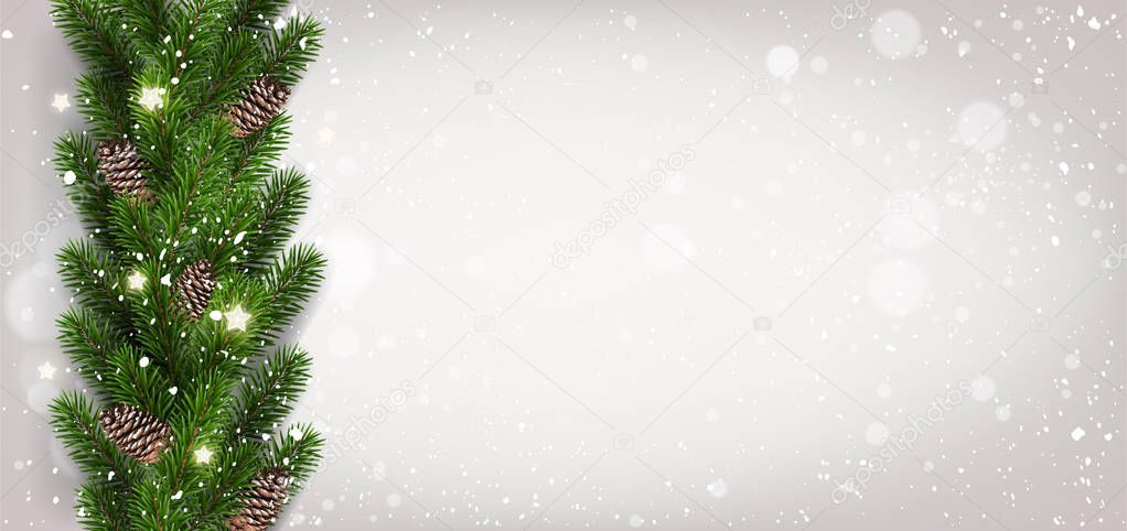 Christmas light background with garland of Christmas tree branches,  snowflakes, stars. Xmas and New Year card. Vector Illustration