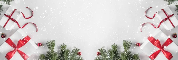 Creative Frame Made Christmas Fir Branches White Paper Background Red — Stock Photo, Image