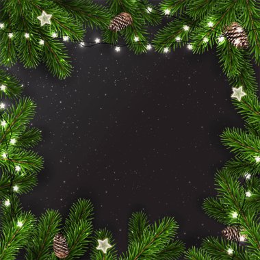 Yaratıcı çerçeve Noel köknar yapılan dallarda ışıklar, çam kozalakları ile koyu arka plan. Noel ve yeni yıl kartı. Vektör çizim