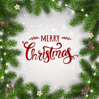 Yaratıcı çerçeve Noel köknar yapılan dalları. Işıklar, çam kozalakları beyaz zemin üzerine kırmızı Merry Christmas metin. Noel ve yeni yıl kartı. Vektör çizim