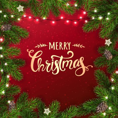 Yaratıcı çerçeve Noel köknar yapılan dalları. Işıklar, çam kozalakları kırmızı zemin üzerine altın Merry Christmas metin. Noel ve yeni yıl kartı. Vektör çizim