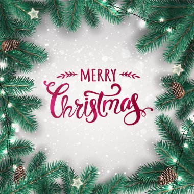 Yaratıcı çerçeve Noel köknar yapılan dalları. Işıklar, çam kozalakları beyaz zemin üzerine kırmızı Merry Christmas metin. Noel ve yeni yıl kartı. Vektör çizim