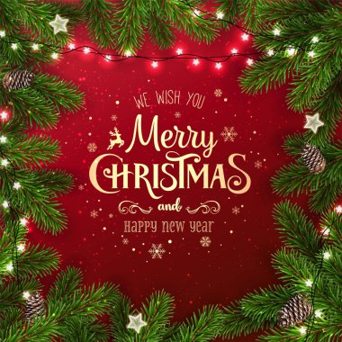 Yaratıcı çerçeve Noel köknar yapılan dalları. Işıklar, çam kozalakları kırmızı zemin üzerine altın Merry Christmas ve yeni yıl metin. Noel ve yeni yıl kartı. Vektör çizim