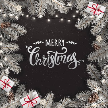 Yaratıcı çerçeve karlı Noel köknar yapılan dalları. Garland ışıklar, çam kozalakları siyah zemin üzerine gümüş Merry Christmas metin. Noel ve yeni yıl kartı. Vektör çizim