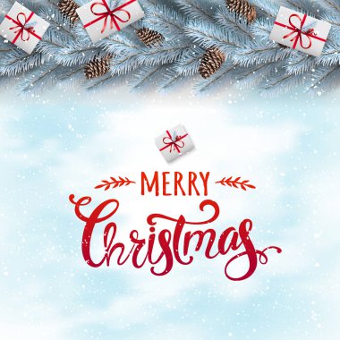 Neşeli Noel metin gümüş çam dalları, hediye kutuları, çam kozalakları, kar taneleri beyaz karlı zemin üzerine. Noel ve yeni yıl tema. Vektör çizim