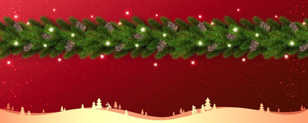 Κόκκινο Χριστουγεννιάτικο Φόντο Γιρλάντα Των Κλαδιών Χριστουγεννιάτικο Δέντρο Νιφάδες Χιονιού — Διανυσματικό Αρχείο