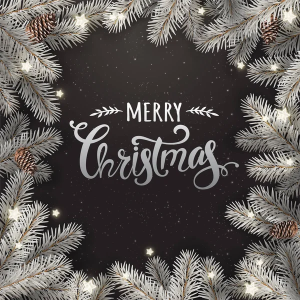 Yaratıcı çerçeve gümüş Noel köknar yapılan dalları. Işıklar, çam kozalakları ile koyu arka plan üzerinde gümüş Merry Christmas metin. Noel ve yeni yıl kartı. Vektör çizim