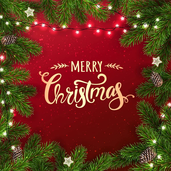 Yaratıcı çerçeve Noel köknar yapılan dalları. Işıklar, çam kozalakları kırmızı zemin üzerine altın Merry Christmas metin. Noel ve yeni yıl kartı. Vektör çizim