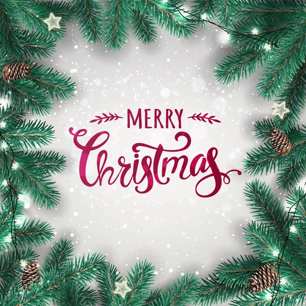 由圣诞冷杉树枝制成的创意框架 红色快乐圣诞文字在白色背景与灯 圣诞节和新年贺卡 矢量插图 — 图库矢量图片
