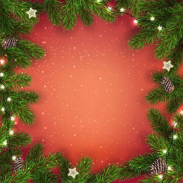 Creatieve Badrand Van Kerstmis Fir Takken Rode Achtergrond Met Lichten — Stockvector