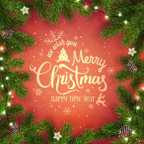 由圣诞冷杉树枝制成的创意框架 金色快乐圣诞文字在红色背景与灯光 圣诞节和新年贺卡 矢量插图 — 图库矢量图片
