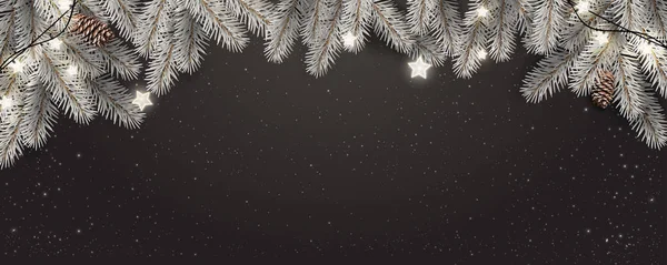 Gümüş Göknarı Dallar Yıldızlar Çam Kozalakları Ile Noel Karanlık Tatil — Stok Vektör