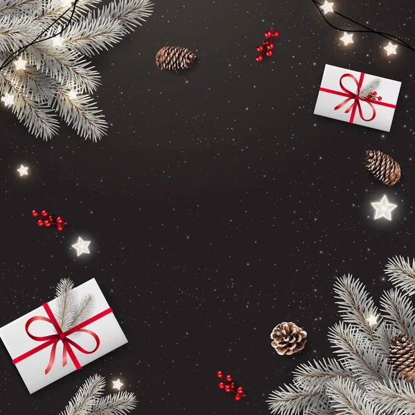 Черный Рождественский Фон Серебряными Еловыми Ветвями Подарочные Коробки Сосновые Шишки — стоковый вектор