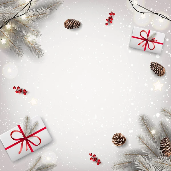 Белый Рождественский Фон Еловыми Ветвями Подарочными Коробками Сосновыми Шишками Гирляндой — стоковый вектор