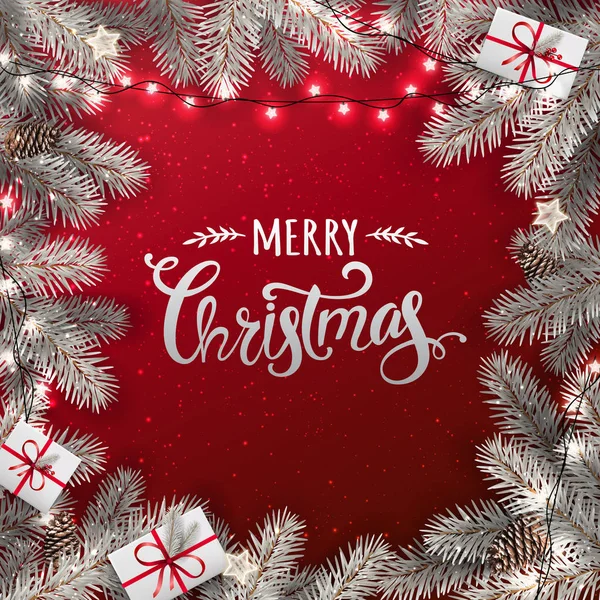 創造的なフレームの雪に覆われたクリスマスのモミの枝 ライト 松ぼっくりが付いて赤い背景に銀のメリー クリスマスのテキスト クリスマスと新年のカード ベクトル図 — ストックベクタ