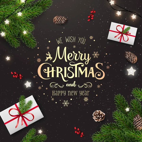 Altın Noel ve yeni yıl baskı ile çam dalları, hediye kutuları, çam kozalakları, yıldız koyu zemin üzerine. Noel ve yeni yıl tema. Vektör çizim