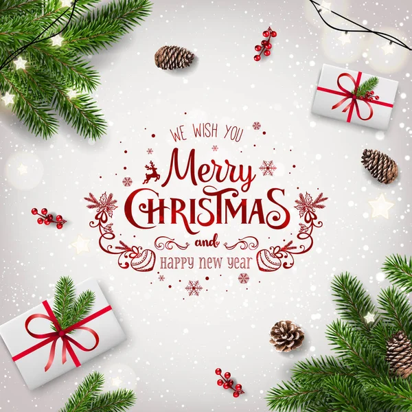赤いクリスマスと新年誤植のモミの枝 ギフト ボックス 松ぼっくり 白い背景の上の星のガーランドします クリスマスと新年のテーマです ベクトル図 — ストックベクタ