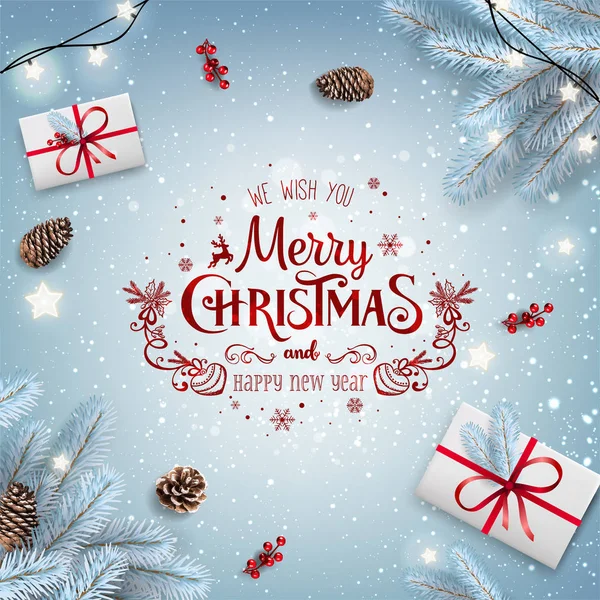 Piros Karácsonyi Újévi Tipográfiai Havas Fenyő Ágak Díszdobozok Fenyőtobozok Fehér — Stock Vector