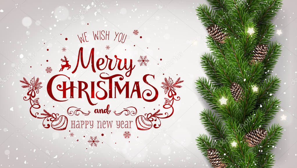 Merry Christmas Typographical on white background with garland of tree branches decorated with stars, lights, snowflakes. Xmas and New Year theme. Vector Illustration