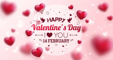 Mutlu sevgililer günü tebrik kartı için metin. Tatlı aşk afiş 14 Şubat için. Tatil arka plan ile 3d kalpler, ışık, pink yıldız. Vektör çizim