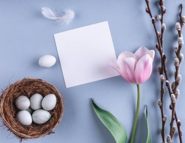 Paskalya yumurta yuva ve Lale çiçek bahar arka plan üzerinde. Üstten Görünüm kopya alanı ile. Mutlu Paskalya kartı.