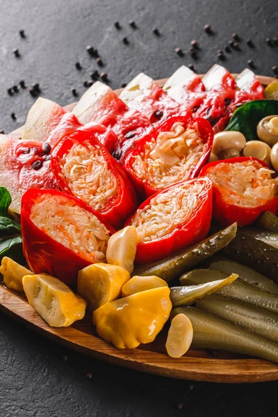 Assorted Pickled Vegetables Sauerkraut Cabbage Watermelon Cucumbers Mushrooms Herbs Wooden — Stock Photo, Image