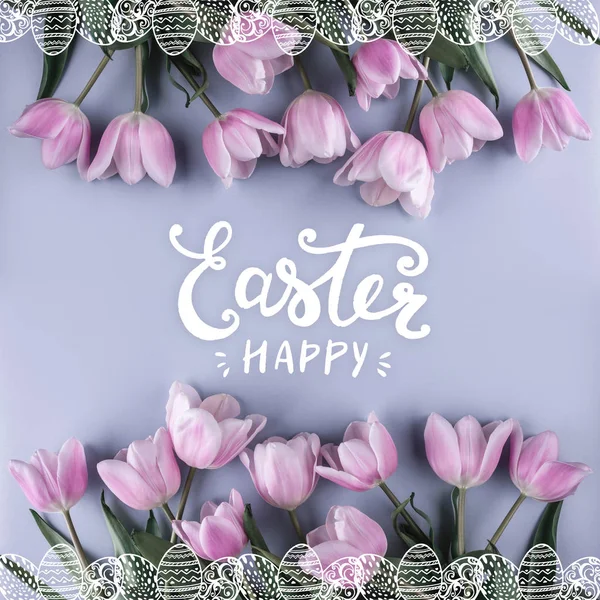 Pink Tulips Flowers Blue Background Top View Happy Easter Card — Stock Photo, Image