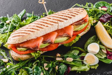 Sandviç kırmızı balık, yumurta, avokado, taze sebze ve Yeşiller siyah taş zemin üzerine siyah şeyl gemide. Sağlıklı gıda kavramı