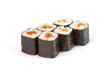 Suşi Roll - beyaz arka plan üzerinde Maki Sushi füme yılan balığı, avokado ve baharat sosu ile izole.