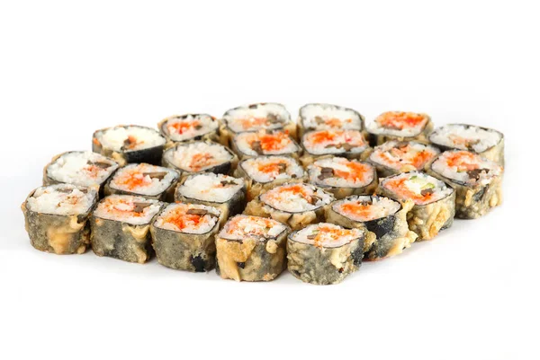 Sushi Roll - Maki Sushi pieces collection with Salmon Roe, Smoked Eel, Cucumber, Cream Cheese, Sesame, Avocado, Onion Fries, Crab Meat, Tobiko isolated on white background — Stock Photo, Image