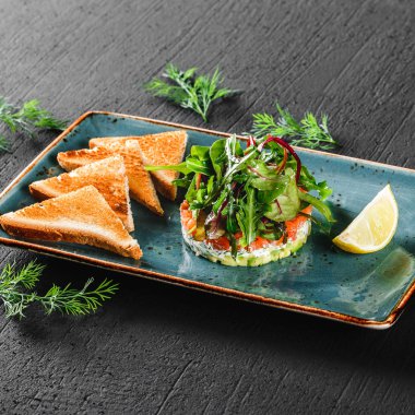 Sıcak taze salata avokado, somon, yeşillik, Arugula, ıspanak ve peynir tost ile koyu arka plan üzerinde plaka. Sağlıklı Vegan gıda, temiz yemek, diyet