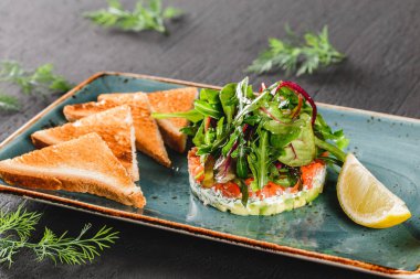 Sıcak taze salata avokado, somon, yeşillik, Arugula, ıspanak ve peynir tost ile koyu arka plan üzerinde plaka. Sağlıklı Vegan gıda, temiz yemek, diyet