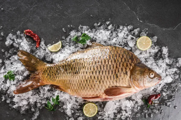 Färsk rå spegel karp fisk med kryddor, citron på is över mörk sten bakgrund. Kreativ layout gjord av fisk, skaldjur, topp utsikt, platt låg — Stockfoto