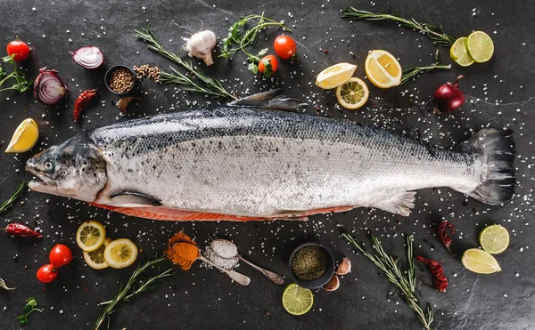 Pesce fresco crudo rosso salmone con spezie, limone, pepe, rosmarino su fondo pietra scura. Layout creativo fatto di pesce, vista dall'alto, posa piatta — Foto Stock