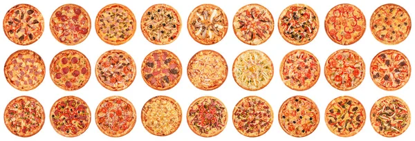 Beyaz arka planda izole edilmiş büyük pizza seti. Üstte görüntü