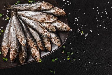 Tuzlu balıklar baharatlar ile marine, tuz tabak üzerinde