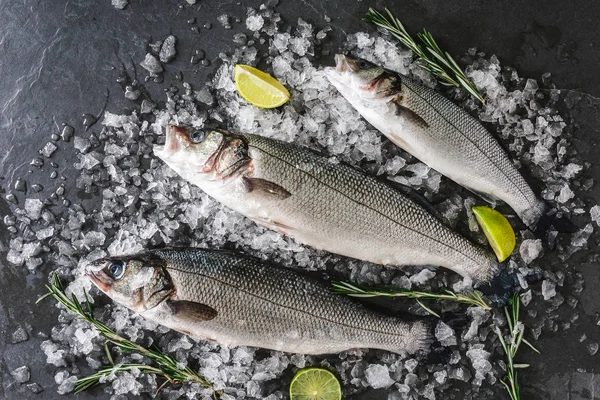 Poissons de carpe crus frais aux épices, citron, romarin sur glace sur d — Photo